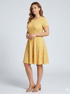 HUHOT Yellow Floral Fit & Flare Dress Soft Stretch Summer Boho large